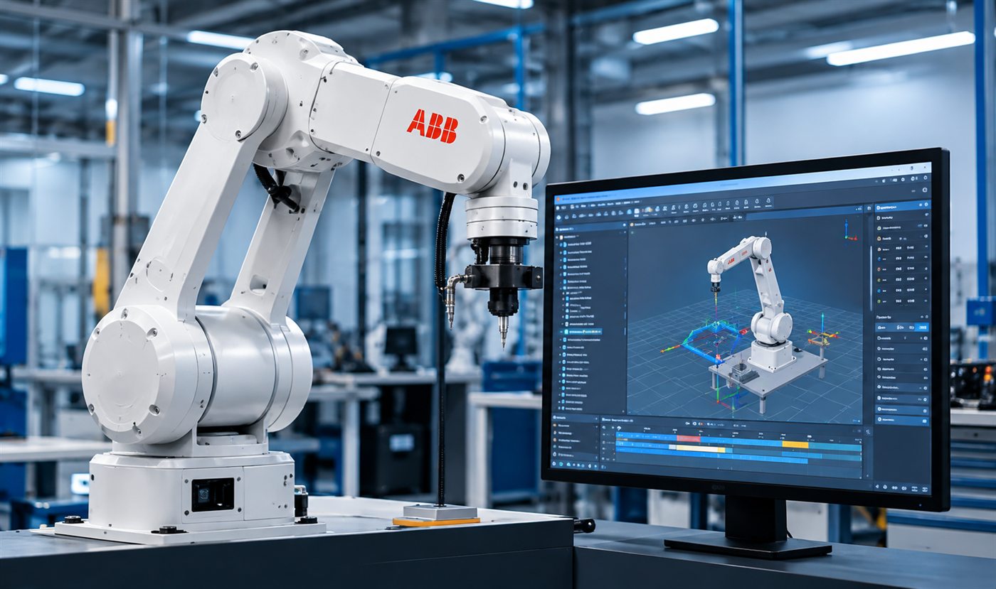 ABB industrial robot beside a monitor running a RobotStudio simulation of the same robot cell