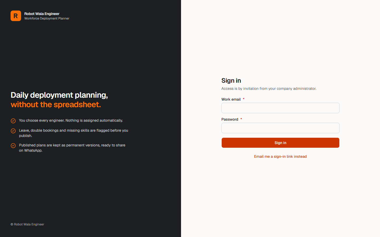 Sign-in page of the Robot Wala Engineer Workforce Planner: “Daily deployment planning, without the spreadsheet”, with access by invitation from your company administrator