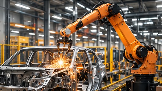 Orange industrial robot spot welding a car body-in-white on an automotive production line